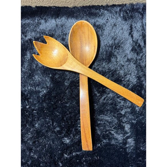 Vintage Teak Wood Salad Server Set Spoon & Fork - Picture 3 of 4